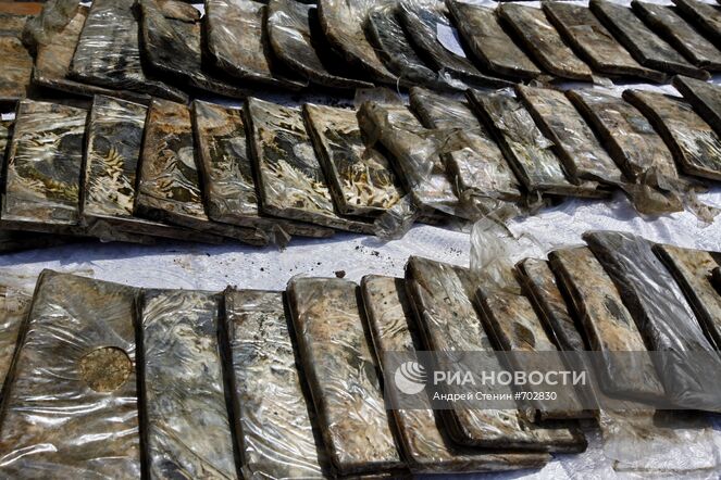 Изъятые в ходе рейдов сотрудниками правоохранительных органов наркотики (героин и пакеты с гашишем). Место: Киргизия, Ош. Автор: Андрей Стенин/РИА Новости. Изъятые наркотики