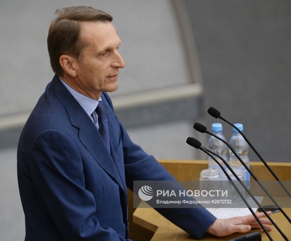 Председатель Государственной Думы РФ Сергей Нарышкин выступает на пленарном заседании Госдумы РФ. Место: Россия, Москва. Автор: Владимир Федоренко/РИА Новости. Пленарное заседание Госдумы РФ