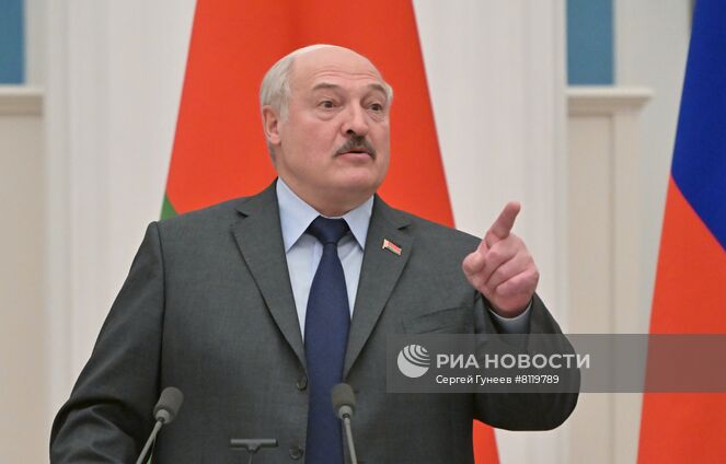 18 февраля 2022. Президент Белоруссии Александр Лукашенко на пресс-конференции по итогам переговоров в Москве с президентом РФ Владимиром Путиным. Место: Россия, Москва. Автор: Сергей Гунеев/РИА Новости. Президент РФ В. Путин провел переговоры с президентом Белоруссии А. Лукашенко