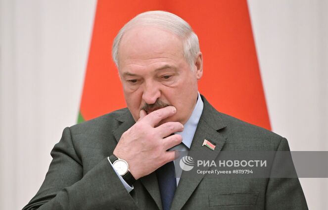 18 февраля 2022. Президент Белоруссии Александр Лукашенко на пресс-конференции по итогам переговоров в Москве с президентом РФ Владимиром Путиным. Место: Россия, Москва. Автор: Сергей Гунеев/РИА Новости. Президент РФ В. Путин провел переговоры с президентом Белоруссии А. Лукашенко
