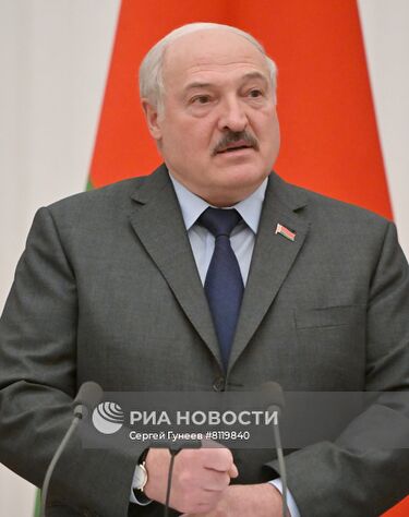 18 февраля 2022. Президент Белоруссии Александр Лукашенко на пресс-конференции по итогам переговоров в Москве с президентом РФ Владимиром Путиным. Место: Россия, Москва. Автор: Сергей Гунеев/РИА Новости. Президент РФ В. Путин провел переговоры с президентом Белоруссии А. Лукашенко