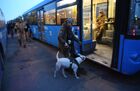 Женщина-кинолог со служебной собакой из числа сдавшихся в плен украинских военнослужащих заходит в автобус с другими пленными у следственного изолятора в Еленовке. Место: Донецкая народная республика. Автор: Алексей Куденко. Сдавшихся в плен украинских военных и боевиков доставили в СИЗО в Еленовку