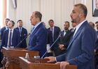 Министр иностранных дел РФ Сергей Лавров и министр иностранных дел Ирана Хоссейн Амир Абдоллахиан (слева направо на первом плане) на совместной пресс-конференции по итогам встречи в Тегеране. Изображение является раздаточным материалом, предоставлено третьей стороной. Только редакционное использование. Запрет на архивирование, коммерческое использование, рекламную кампанию. Место: Иран, Тегеран. Визит главы МИД РФ С. Лаврова в Иран