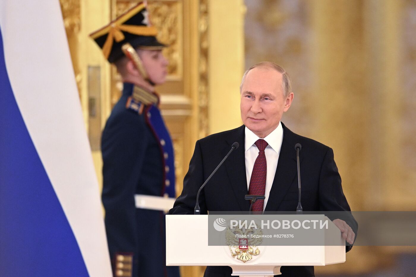 20 сентября 2022. Президент РФ Владимир Путин выступает на церемонии вручения верительных грамот чрезвычайными и полномочными послами иностранных государств в Александровском зале Большого Кремлёвского дворца. Место: Россия, Москва. Автор: Павел Бедняков/РИА Новости. Президент РФ В. Путин принял верительные грамоты у вновь прибывших послов иностранных государств