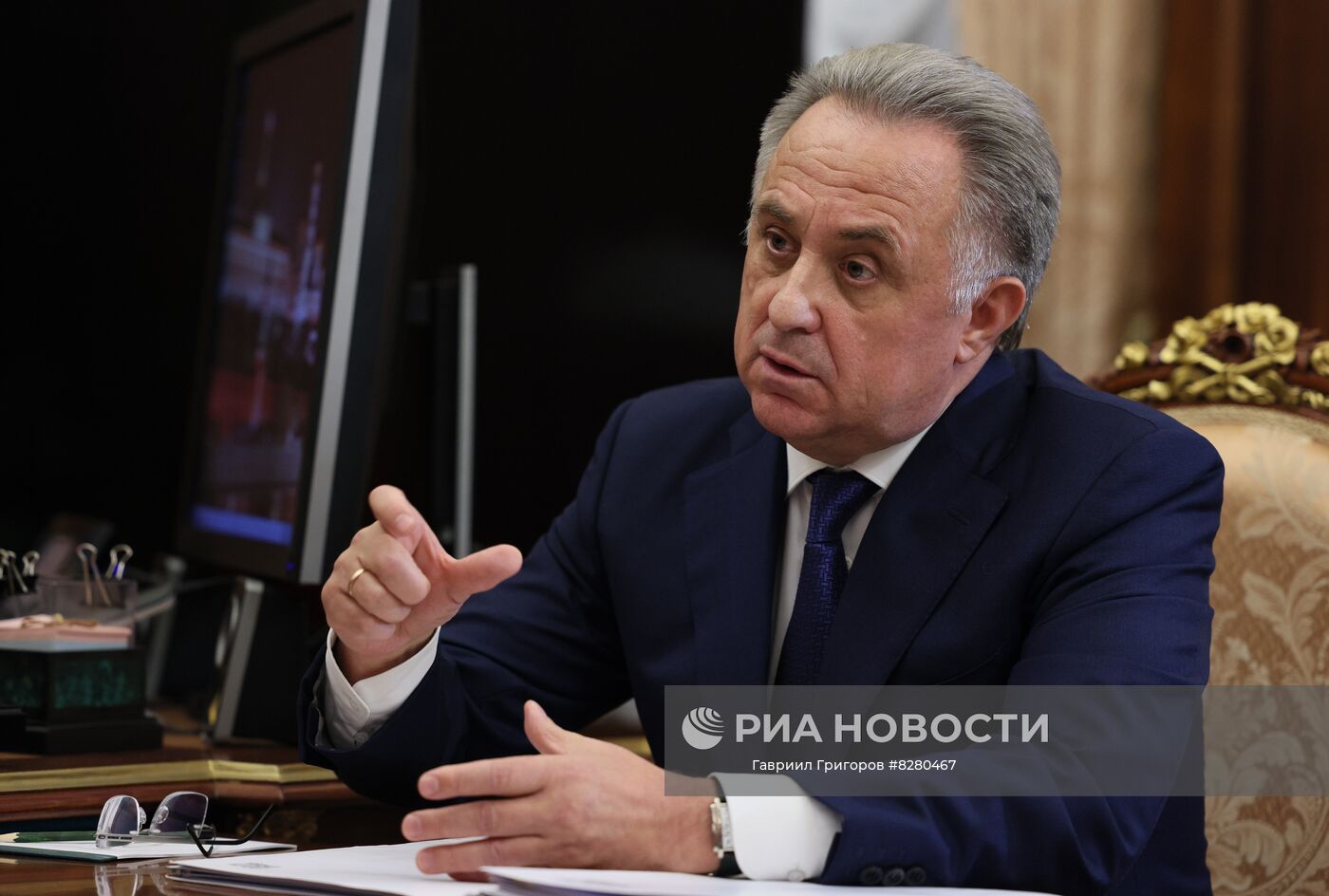 22 сентября 2022. Генеральный директор АО "ДОМ.РФ" Виталий Мутко во время встречи с президентом РФ Владимиром Путиным. Место: Россия, Москва. Автор: Гавриил Григоров/РИА Новости. Президент РФ В. Путин встретился с главой "ДОМ.РФ" В. Мутко